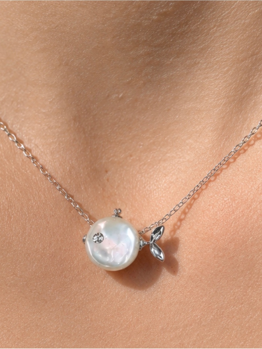 Anthropologie Silver Tone White Pearl Fish Pendant Necklace NWOT